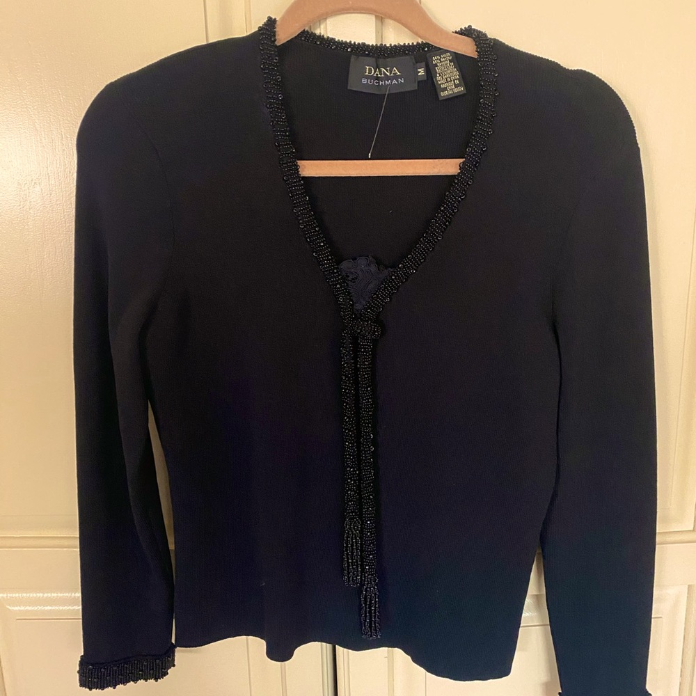 Dana Buchanan elegant black shirt with beaded trim size medium